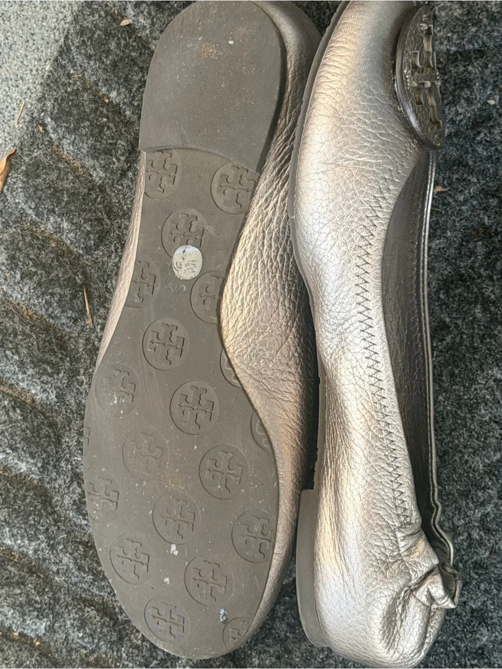 Tory Burch Metallic Silver Logo Ballet Flats